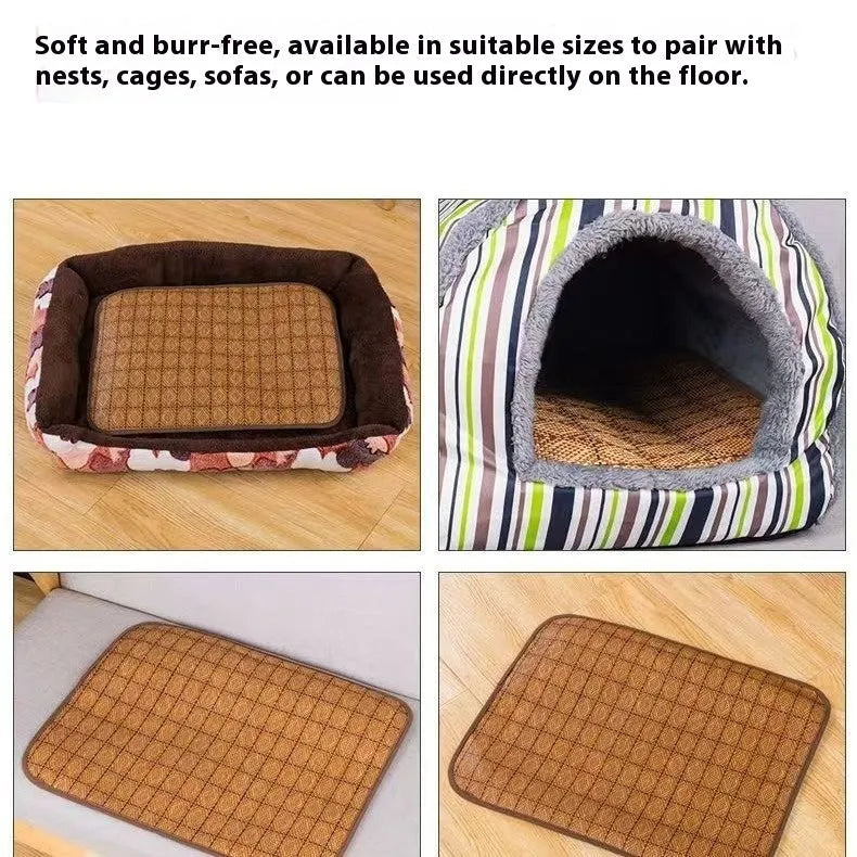 Brown rattan fibre dog cooling mat showing woven texture and rectangular shape for summer pet comfort