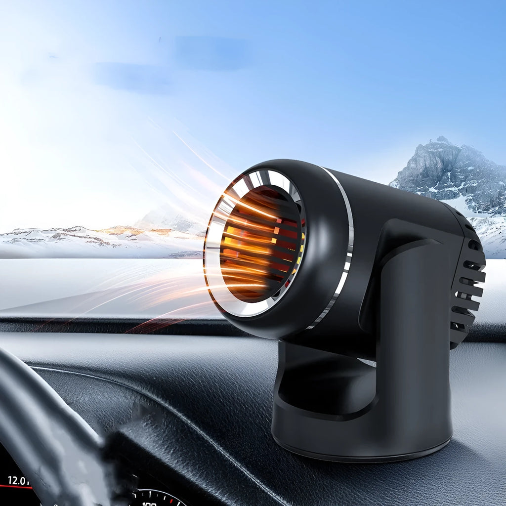 Black and white 12v portable car heater with hot cold settings for vehicle defrosting
