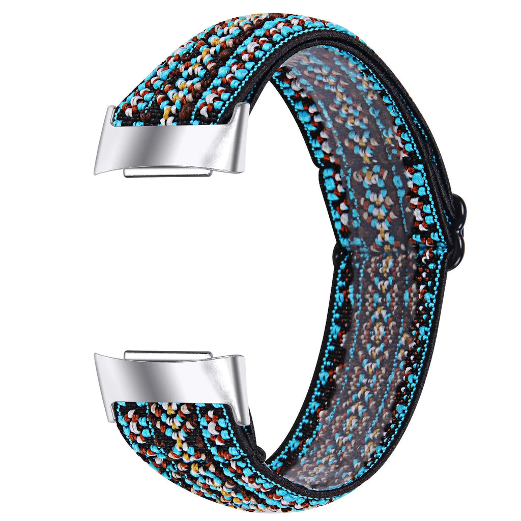 Printed elastic watch strap for Fitbit Charge 6 showing adjustable design and pattern options