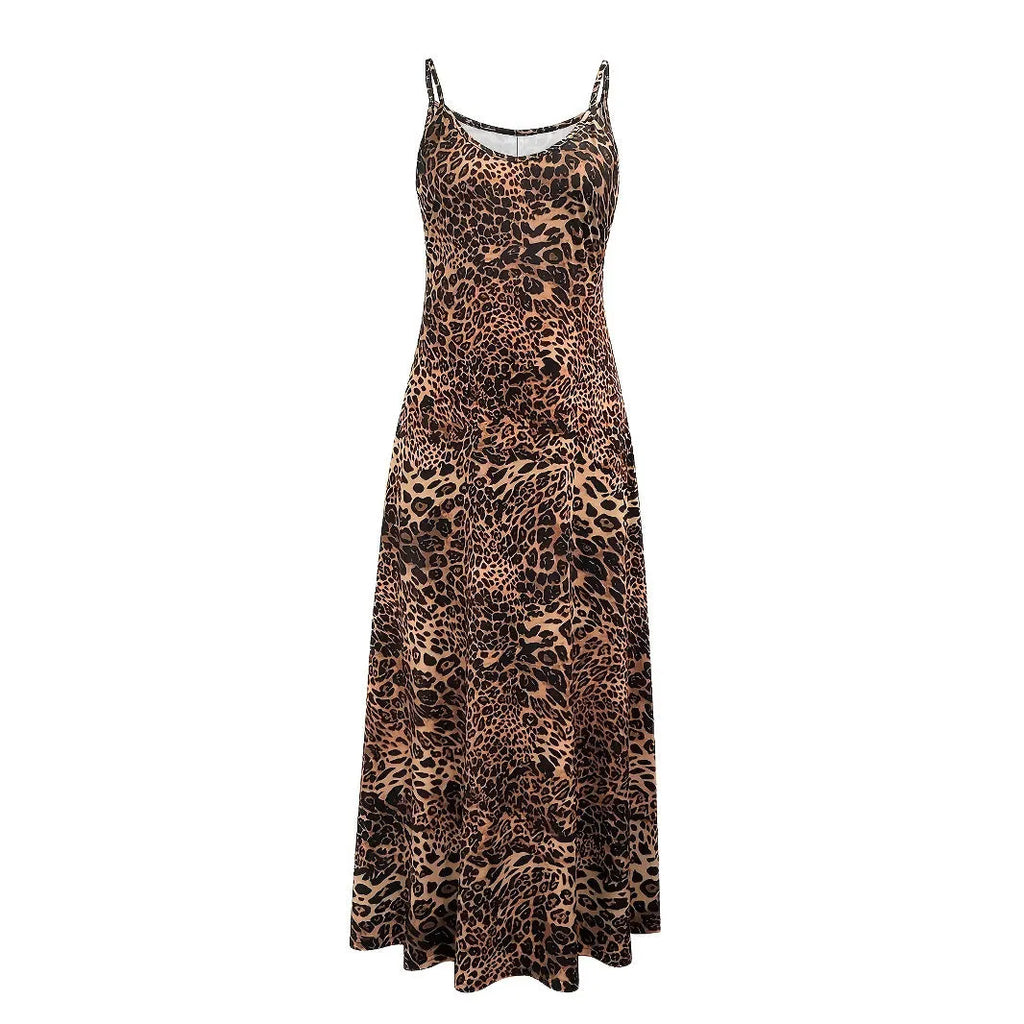 Dark brown leopard print sleeveless dress with round neck and mid-waist hip skirt silhouette