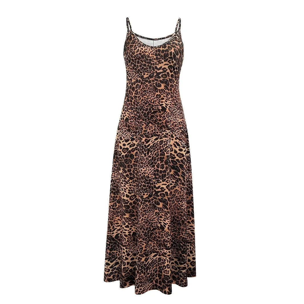 Dark brown leopard print sleeveless dress with round neck and mid-waist hip skirt silhouette