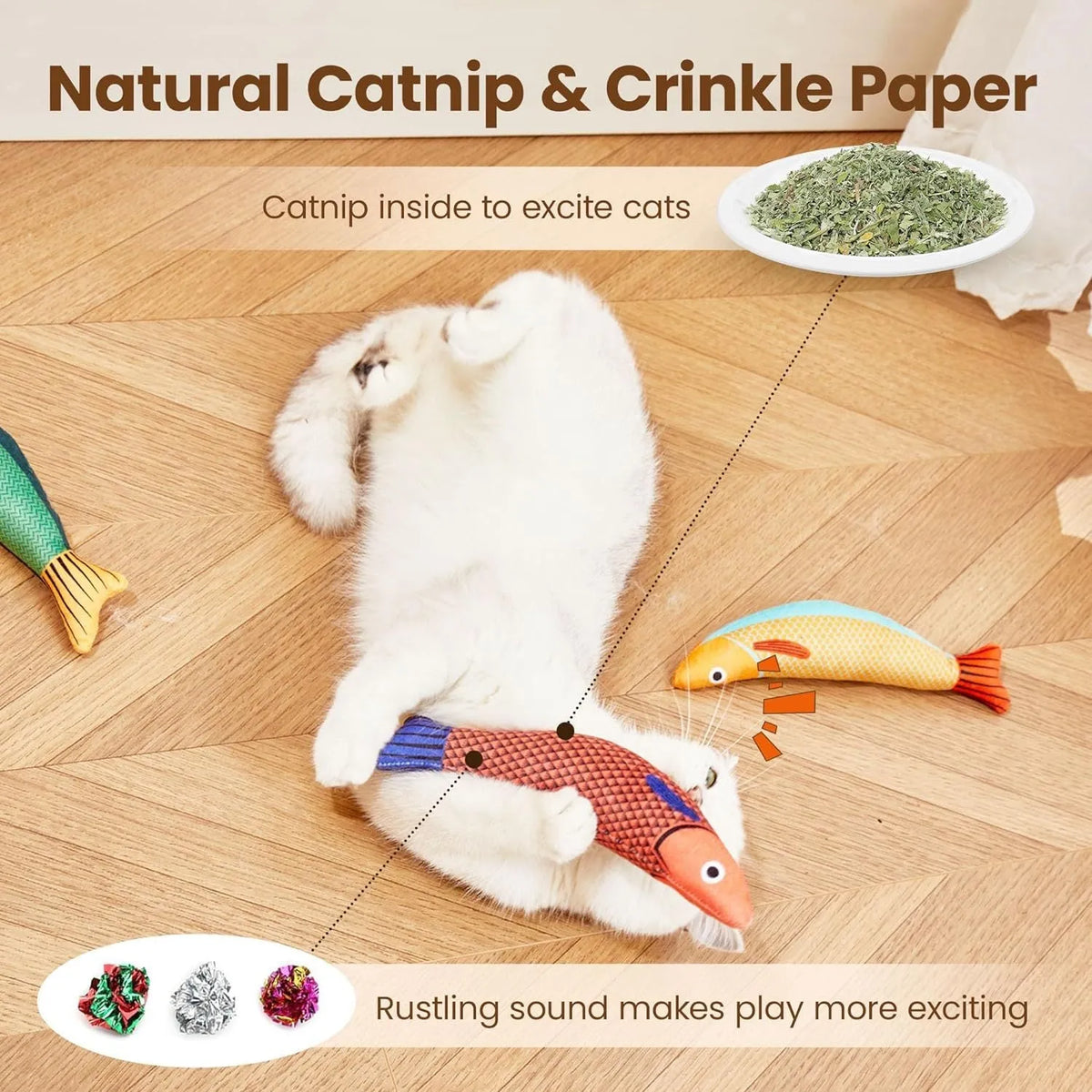 Soft plush fish-shaped cat toy filled with organic catnip in green, orange, or yellow.