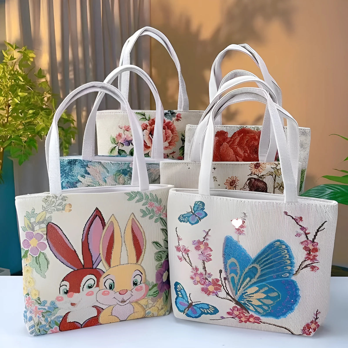 Gold wire embroidered canvas tote bag in choice of seven designs and three sizes.