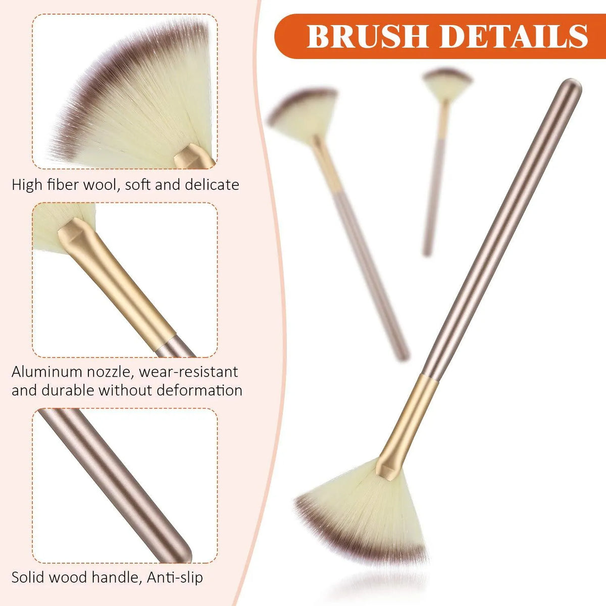 Ten champagne-finished facial fan brushes with acrylic handles and protective covers.