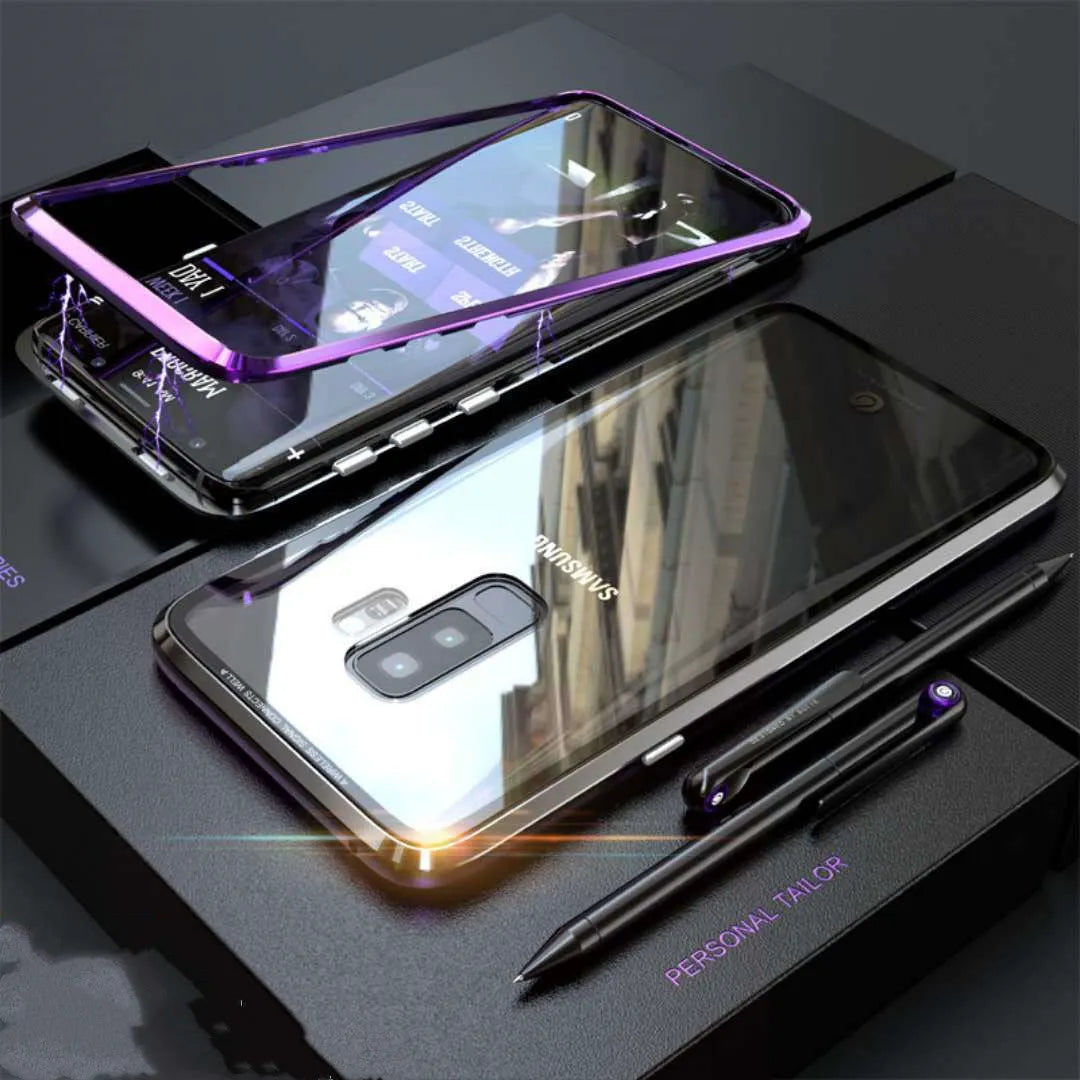 Anti-peeping magnetic clamshell phone case for Samsung Galaxy in black, blue, gold, green, red or silver