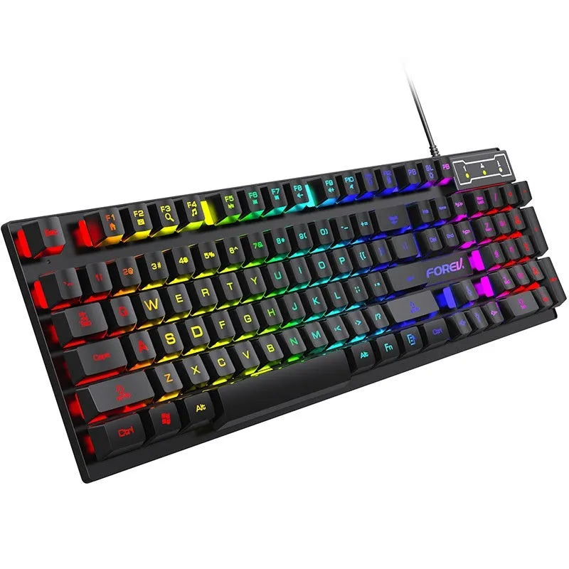 Black gaming keyboard and mouse combo with backlight illumination showing 104-key layout
