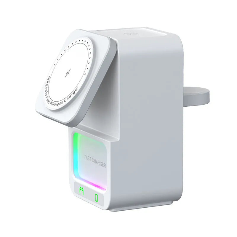 White Bluetooth speaker with integrated wireless charging surface showing phone placement
