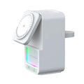 White Bluetooth speaker with integrated wireless charging surface showing phone placement