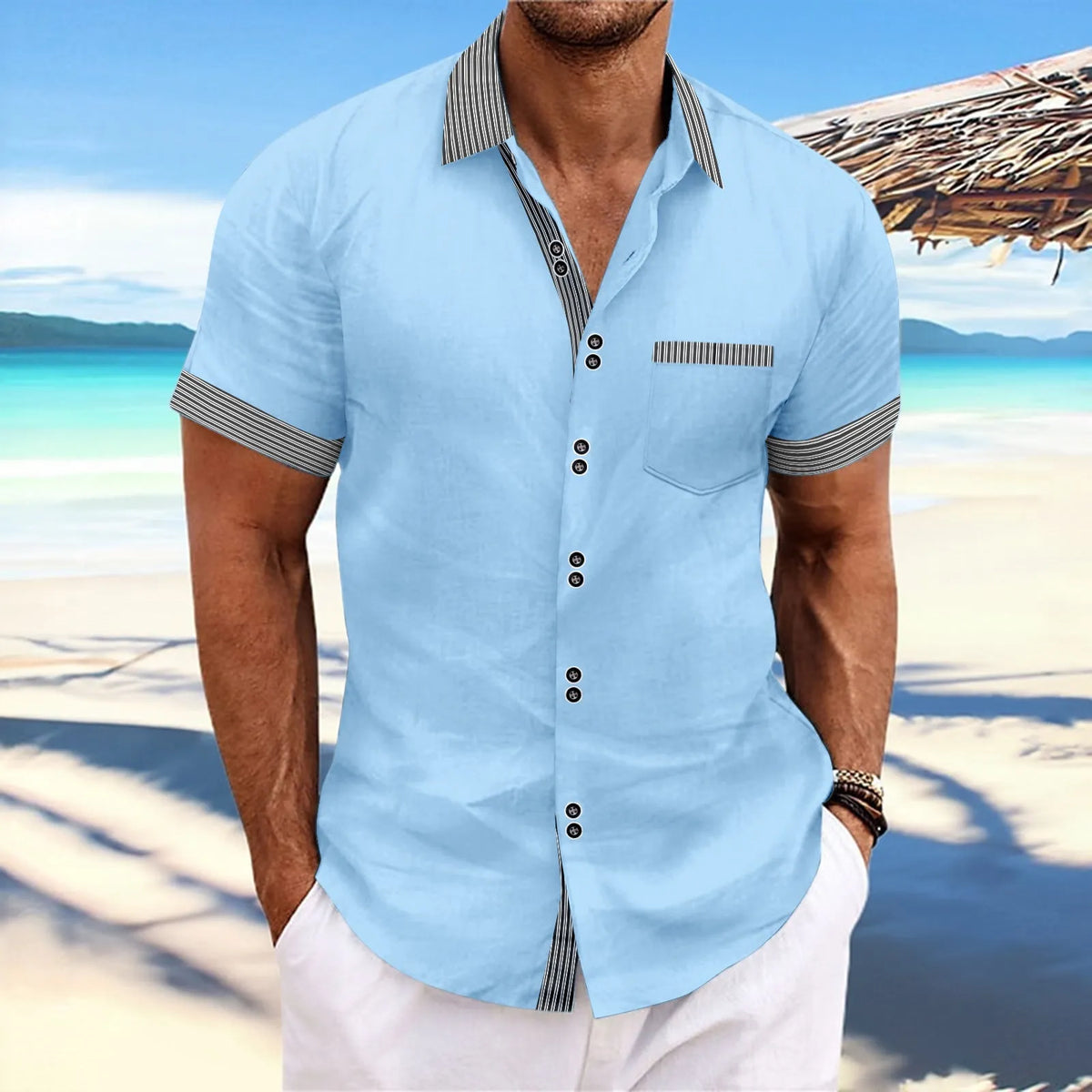 Man wearing a slim fit striped short sleeve casual shirt in pure cotton.