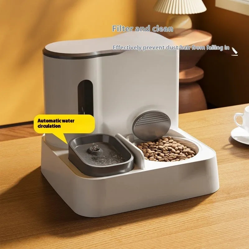 Cat automatic pet feeder water dispenser with integrated double bowl drinking fountain in grey, green or yellow colour options