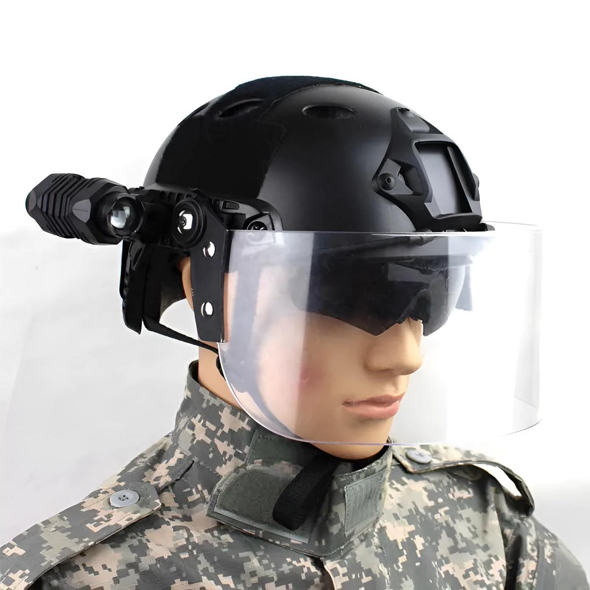 Transparent PC guide rail helmet mask with semi-rimless design measuring 30 by 15 cm
