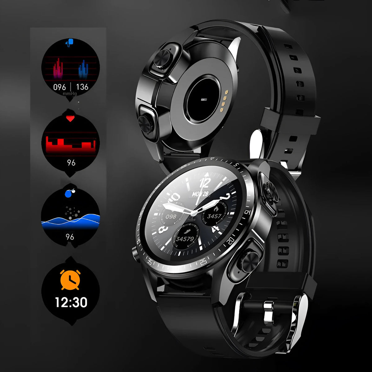 Black smartwatch with health monitoring on wrist showing blood pressure display