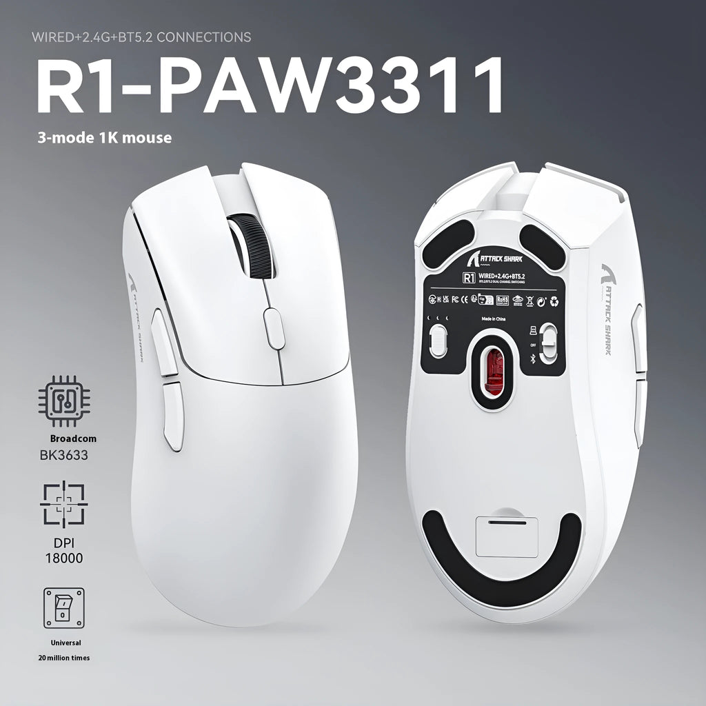 Attack Shark wireless three-mode mouse in black, white or red colours