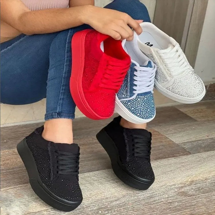 Women's black casual trainers with rhinestone decoration and lace-up front