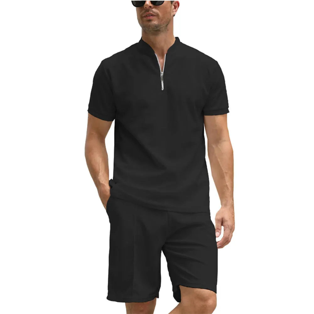 Men's solid colour polo shirt and trousers two-piece suit set on a hanger