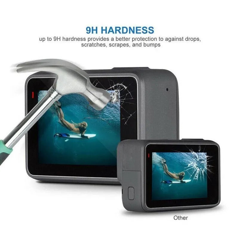 9H tempered glass protective film kit for GoPro Hero 5, 6, and 7 camera lens and LCD screen.