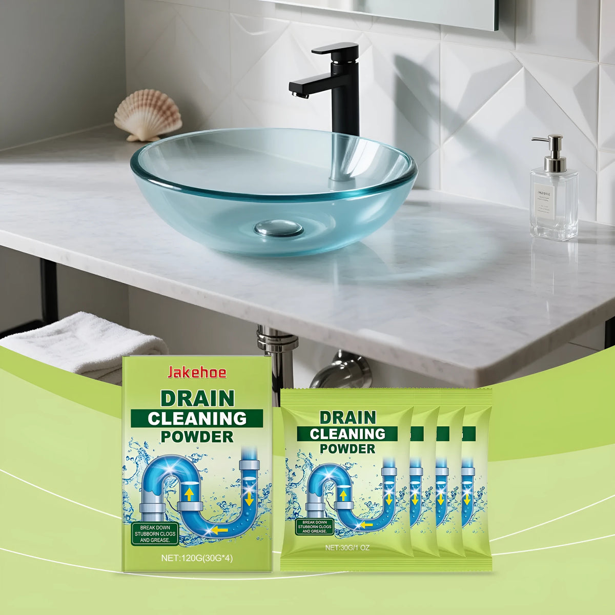 120g container of drain cleaning powder for sink and bath blockages