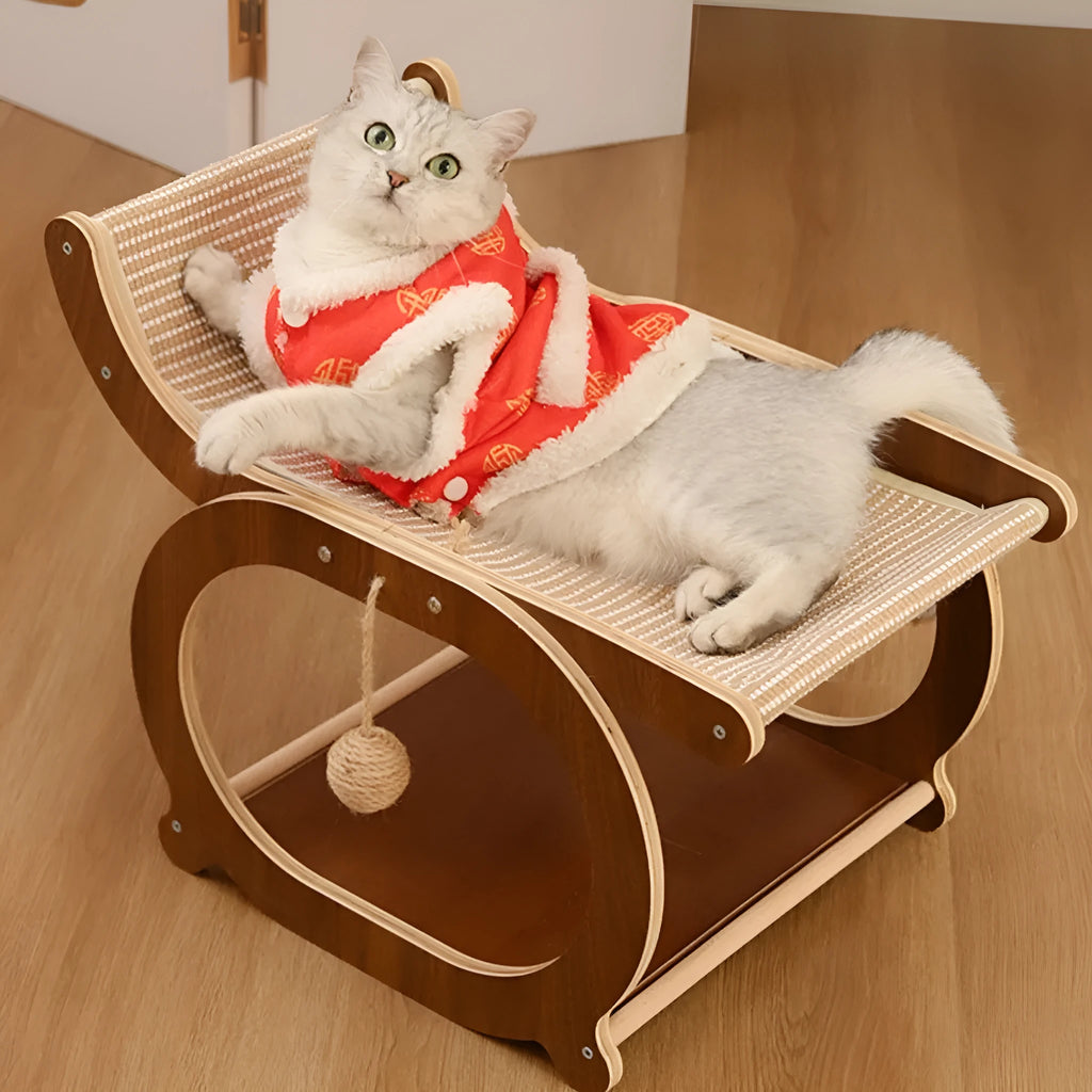 Solid wood cat recliner bed with an integrated sisal scratching surface in walnut colour.