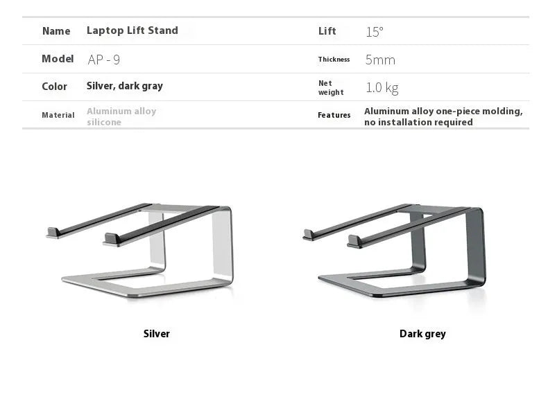 Black aluminium laptop stand elevating notebook with improved ventilation space underneath