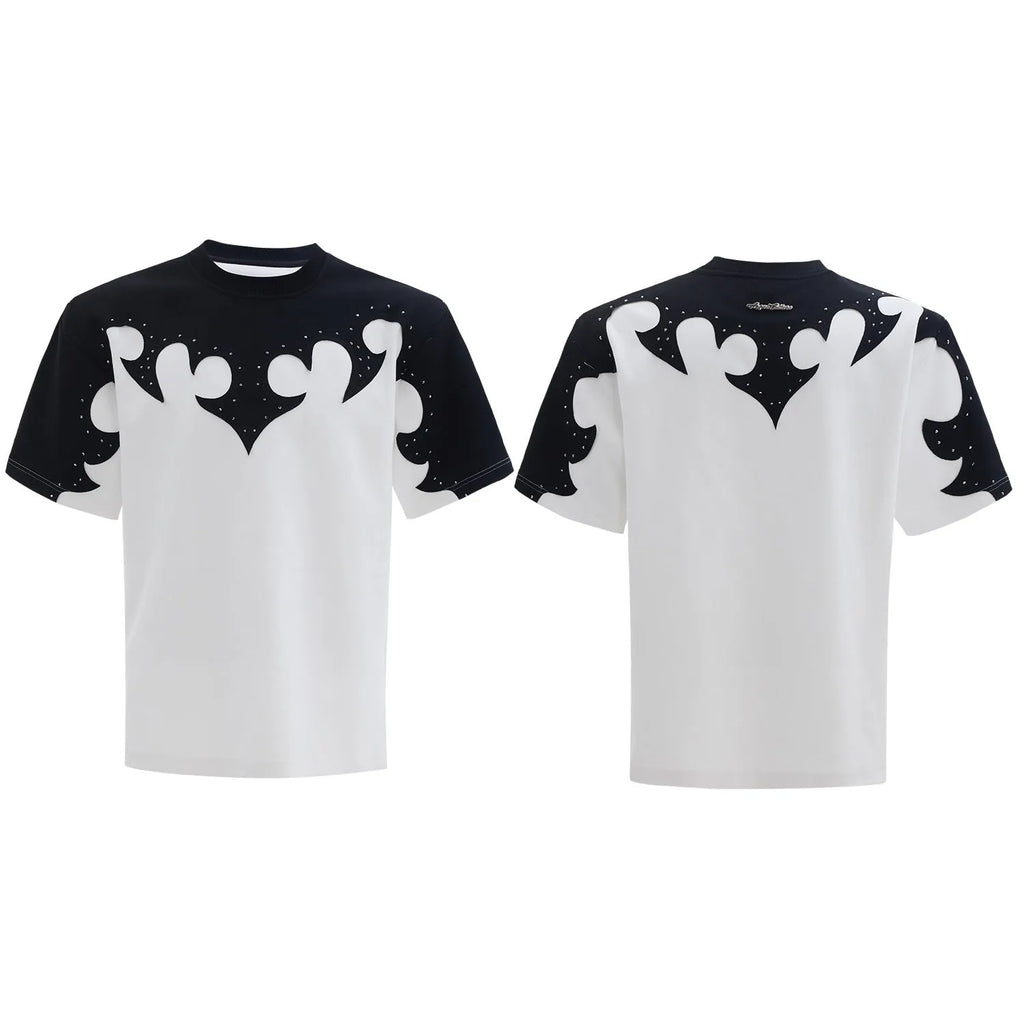 Men's loose grey cotton T-shirt with 3D stitching and rhinestone flower design on the front.