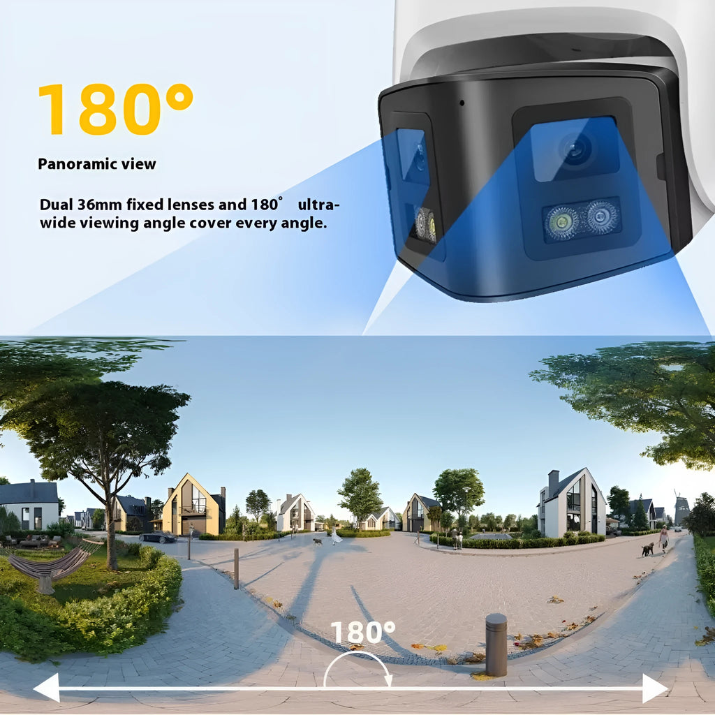 Outdoor security camera with dual lenses, measuring 124x72x201mm with IP66 waterproof rating
