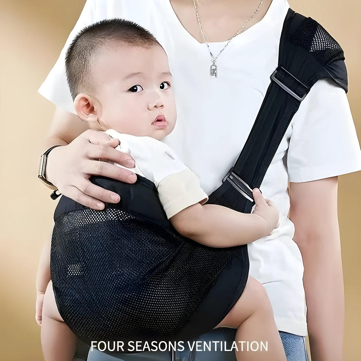 Cloth baby waist stool carrier worn around adult's waist, supporting a child.