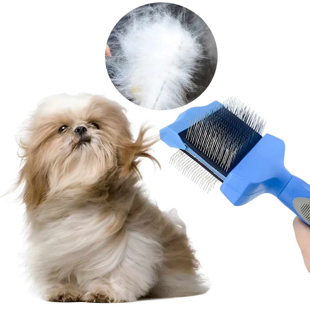 Double sided pet grooming brush with stainless steel pins and blue ABS handle shown from multiple angles