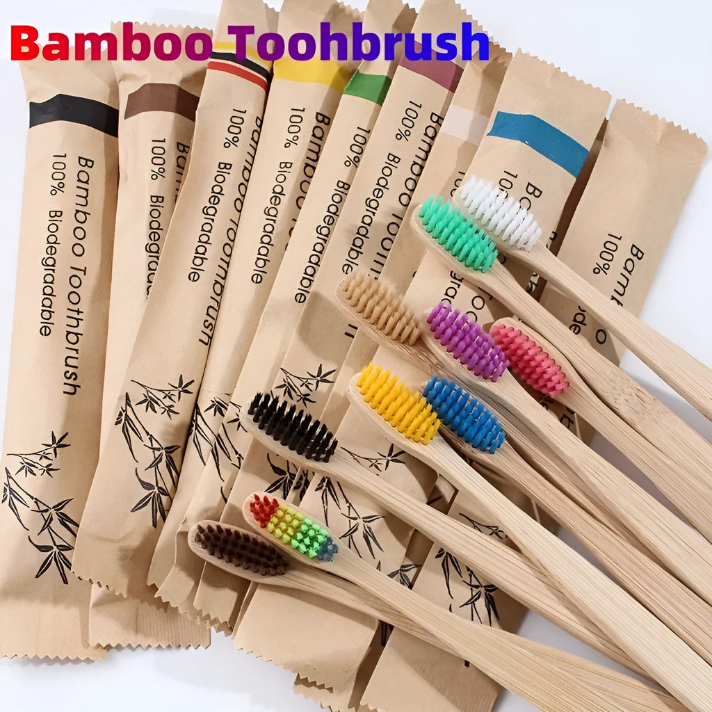 Set of 10 bamboo toothbrushes with charcoal-infused soft bristles in multiple colours