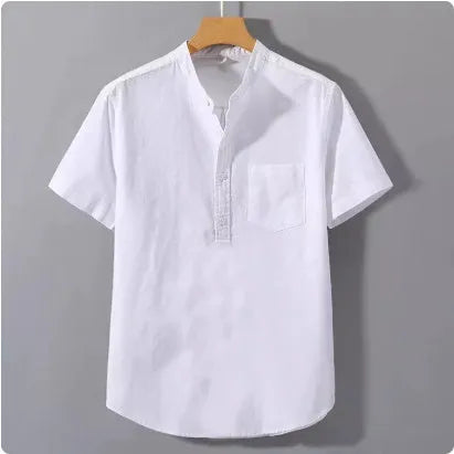 Men's beige casual linen shirt with stand collar and short sleeves on a hanger.