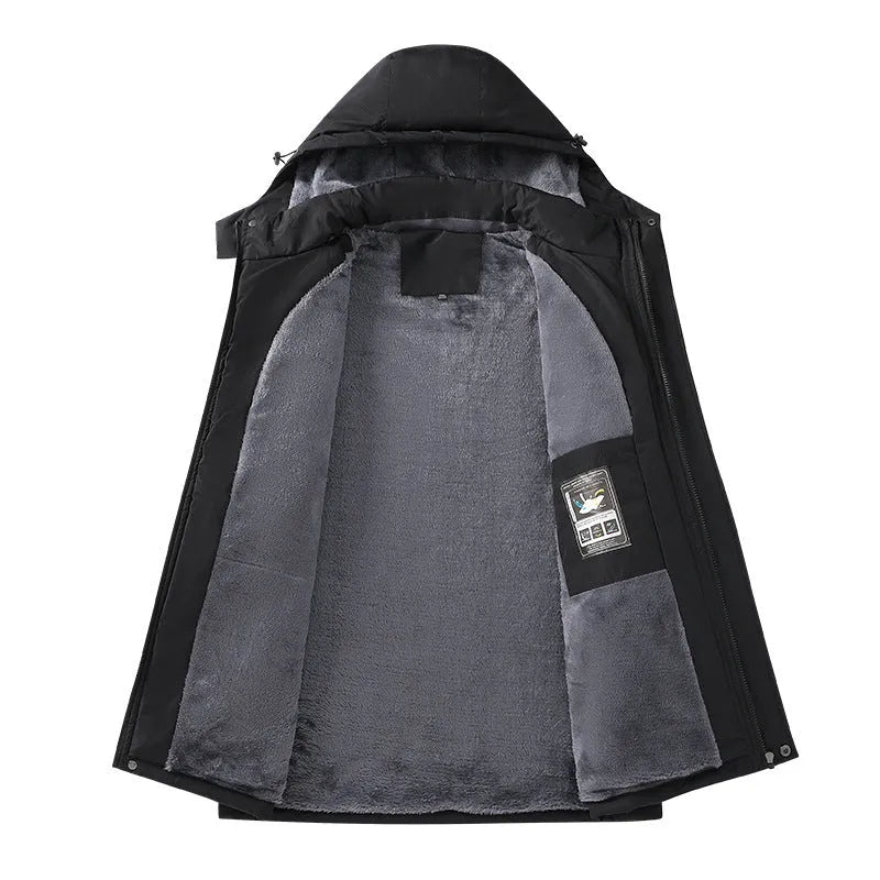 Men's plus size waterproof hooded coat in loose fit, shown in army green colour
