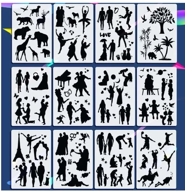 Plastic drawing stencil set with multiple template designs for craft projects