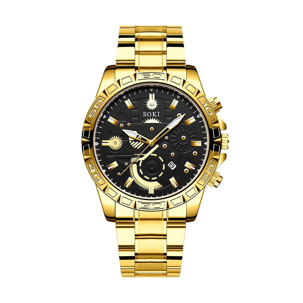 Gold men's business quartz watch with stainless steel strap and calendar display