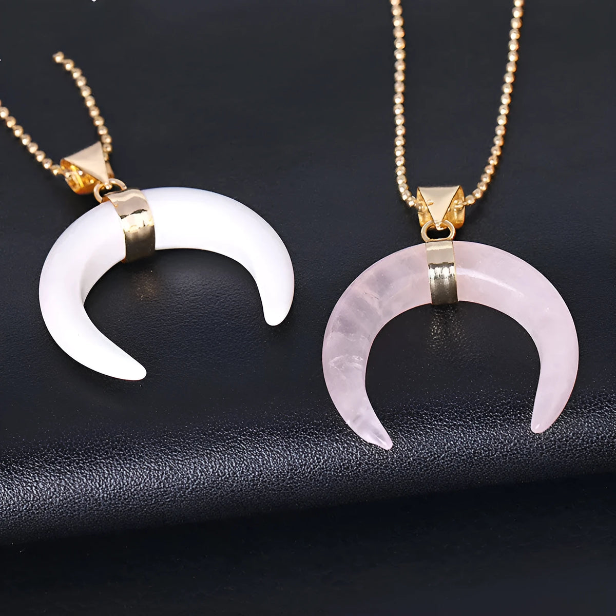 Natural crystal semi-precious stone moon pendant necklace on copper chain with pink or purple stone option