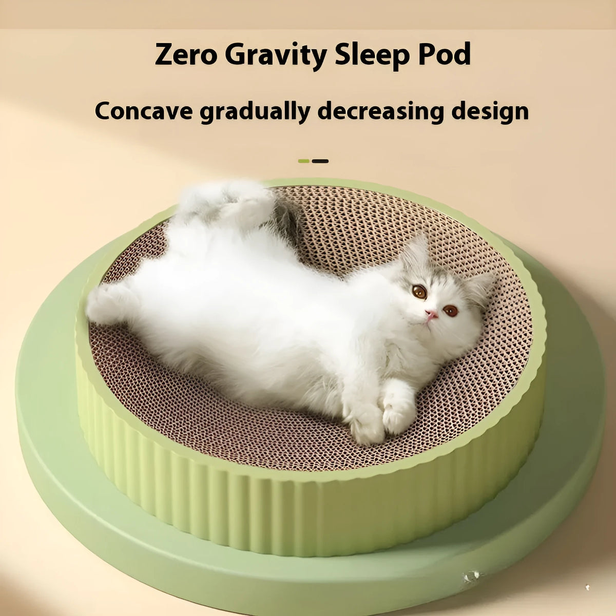 Round green cat scratching board made from corrugated cardboard with two replacement inserts