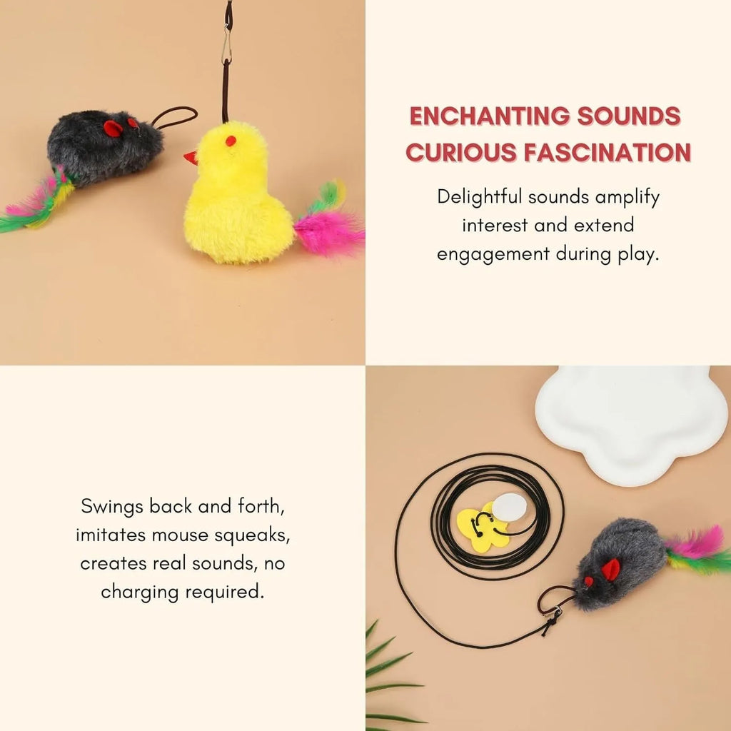 Grey and yellow interactive cat toy hanging on door with dangling mouse, treat bulb, and retractable cord