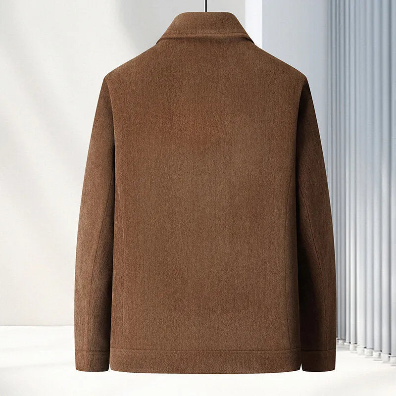 Men's slim fit casual coat with lapel collar in dark blue colour on a hanger.