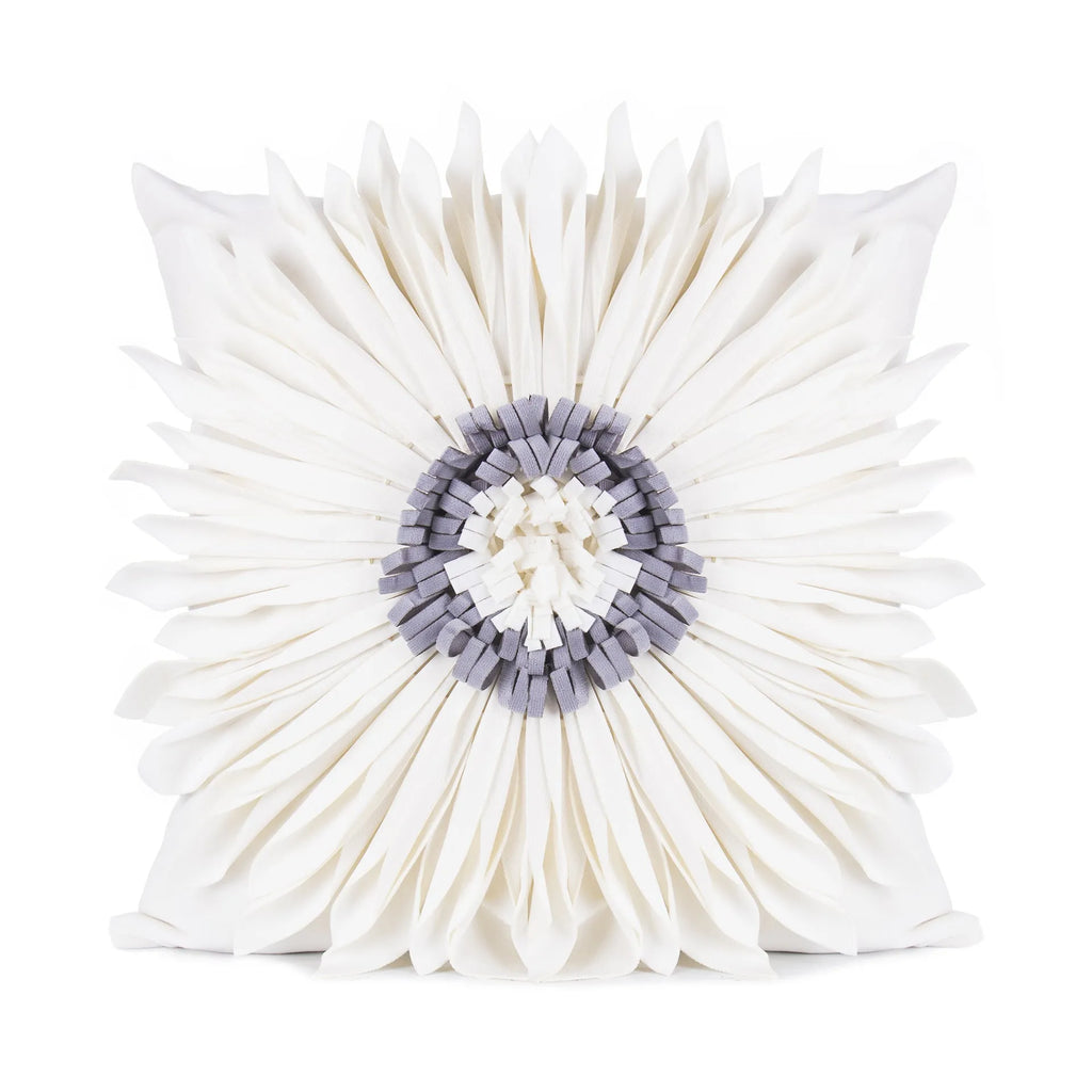 45cm velvet cushion cover with 3D tufted chrysanthemum front, fringed hem and bottom zip, shown in blue
