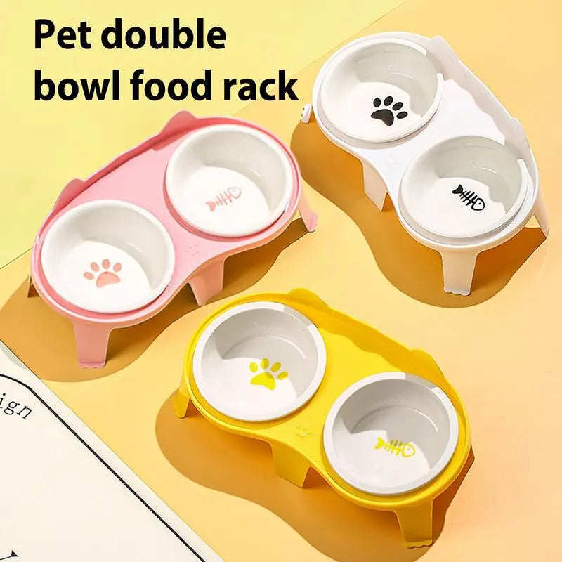 Ceramic elevated cat bowl set with tilted feeding platform on ABS stand in blue, pink, white, or yellow