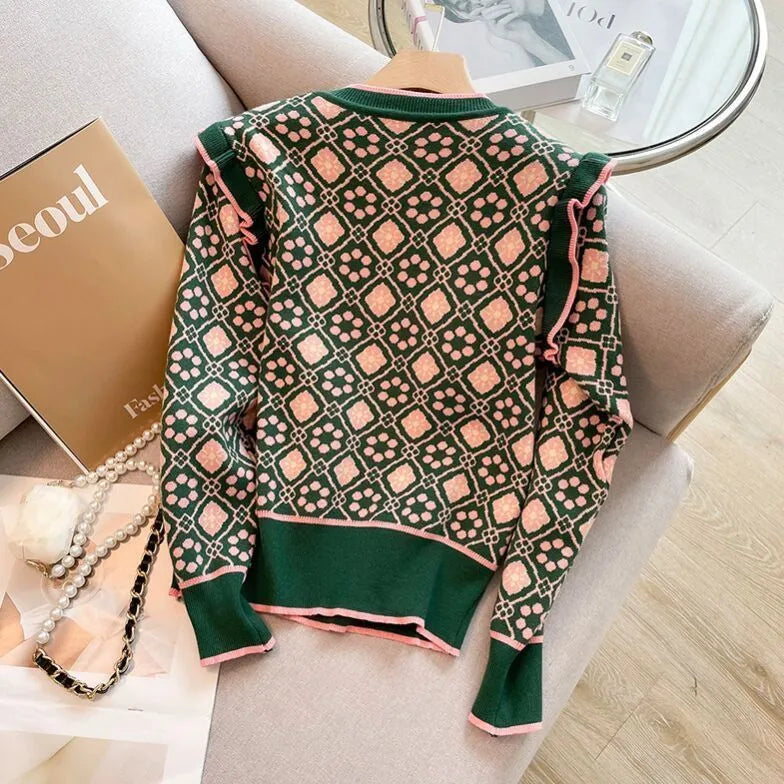 Green women's printed loose-fit sweater for casual commuting wear