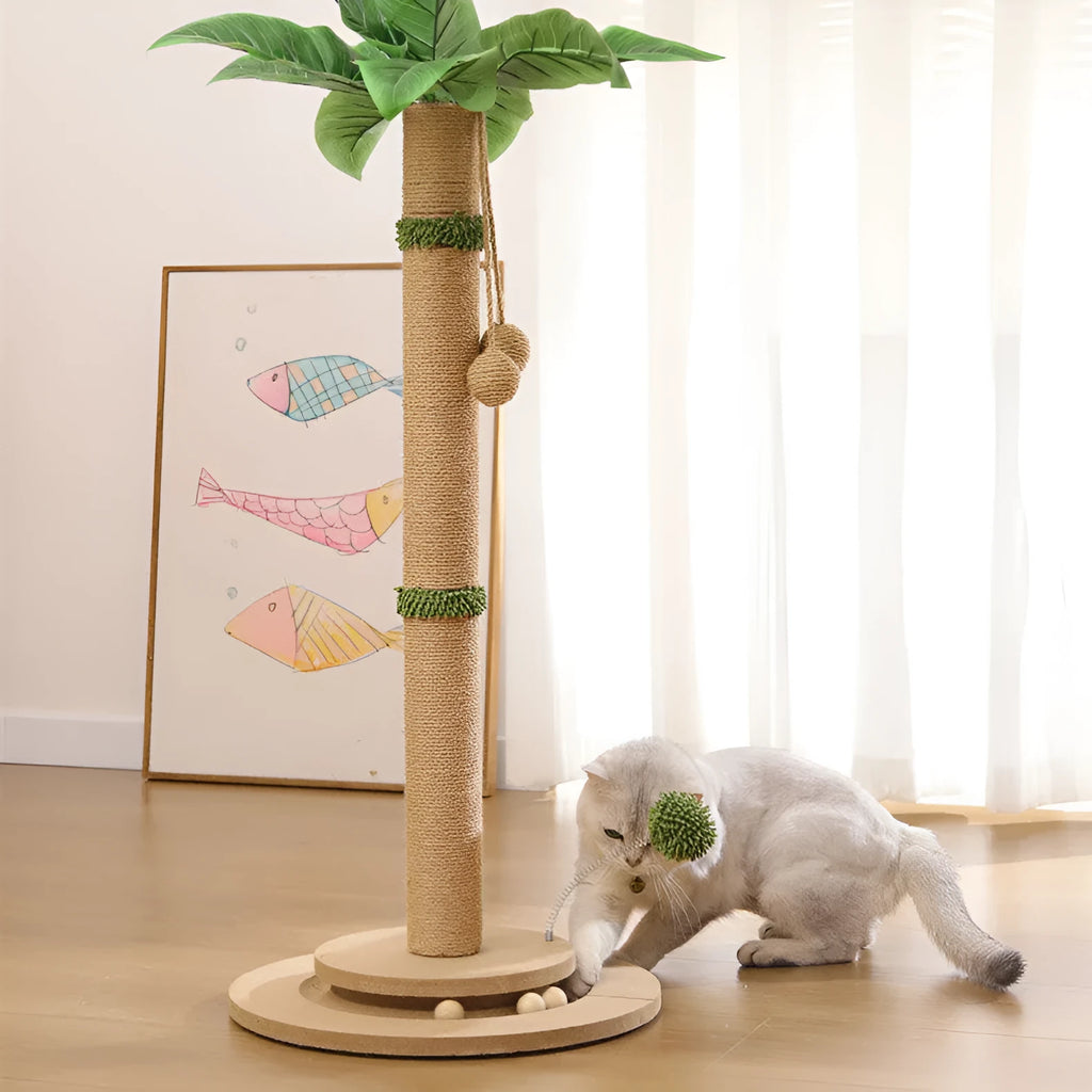 Vertical cat climbing frame with hemp rope posts and canna-coloured platforms.