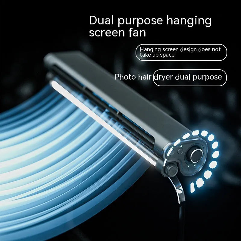 Black bladeless clip-on fan with LED light attached to laptop screen showing USB cable connection