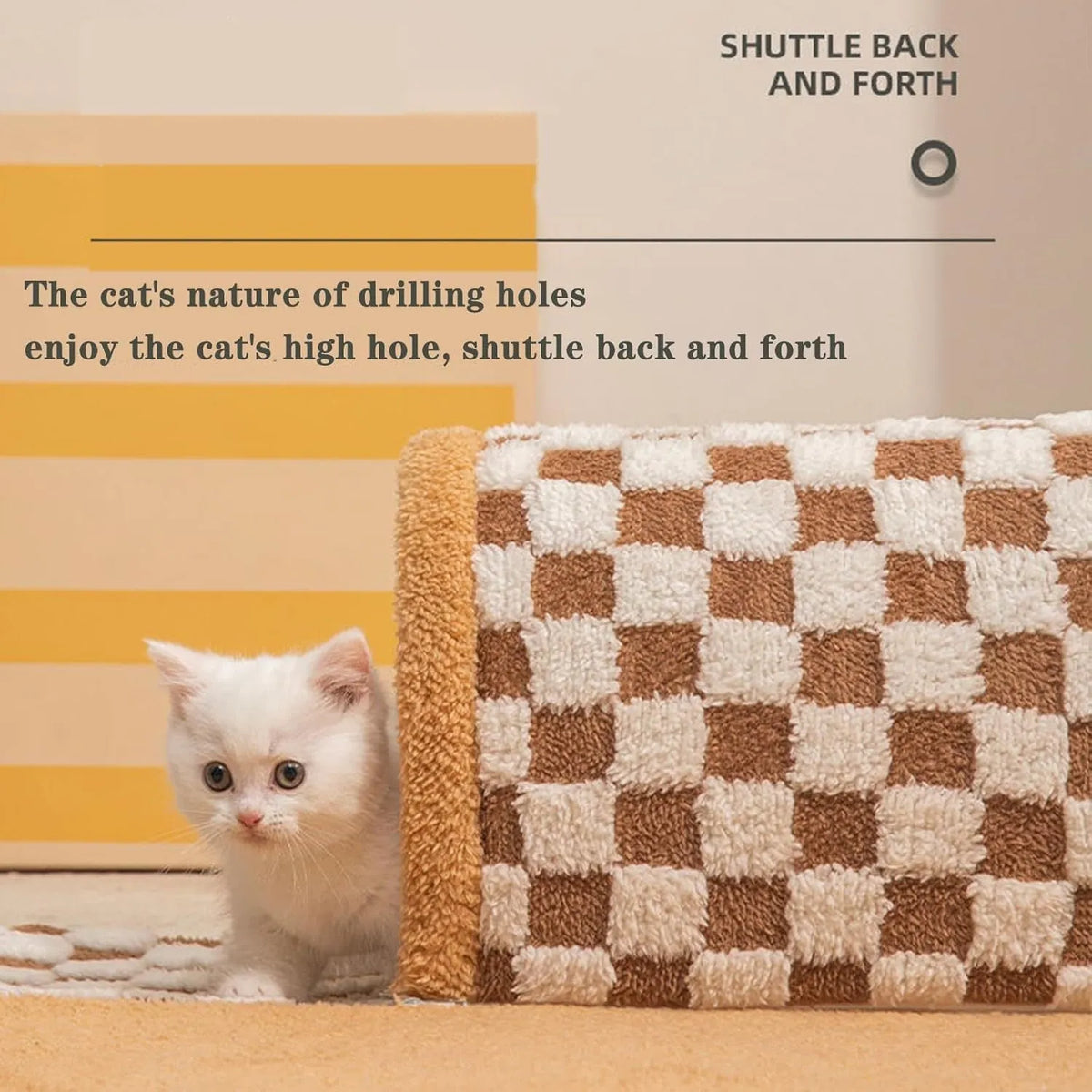 Brown plush plaid cat tunnel bed with central mat, showing collapsible tube design for indoor cats