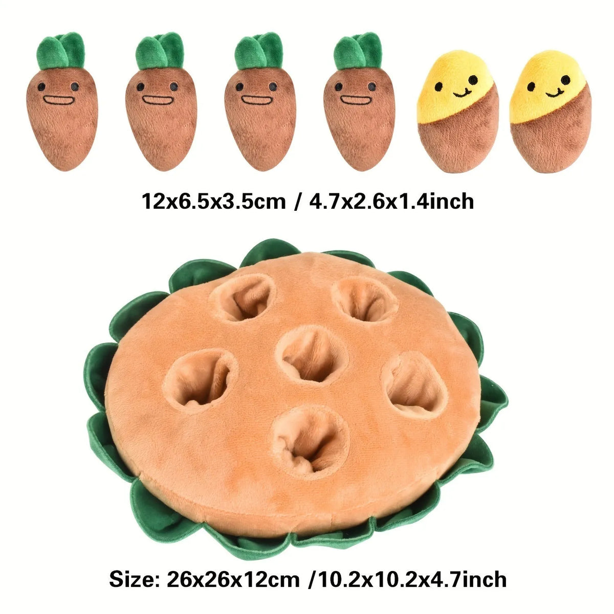 Yellow interactive dog puzzle mat with removable squeaky plush toys for foraging and slow feeding