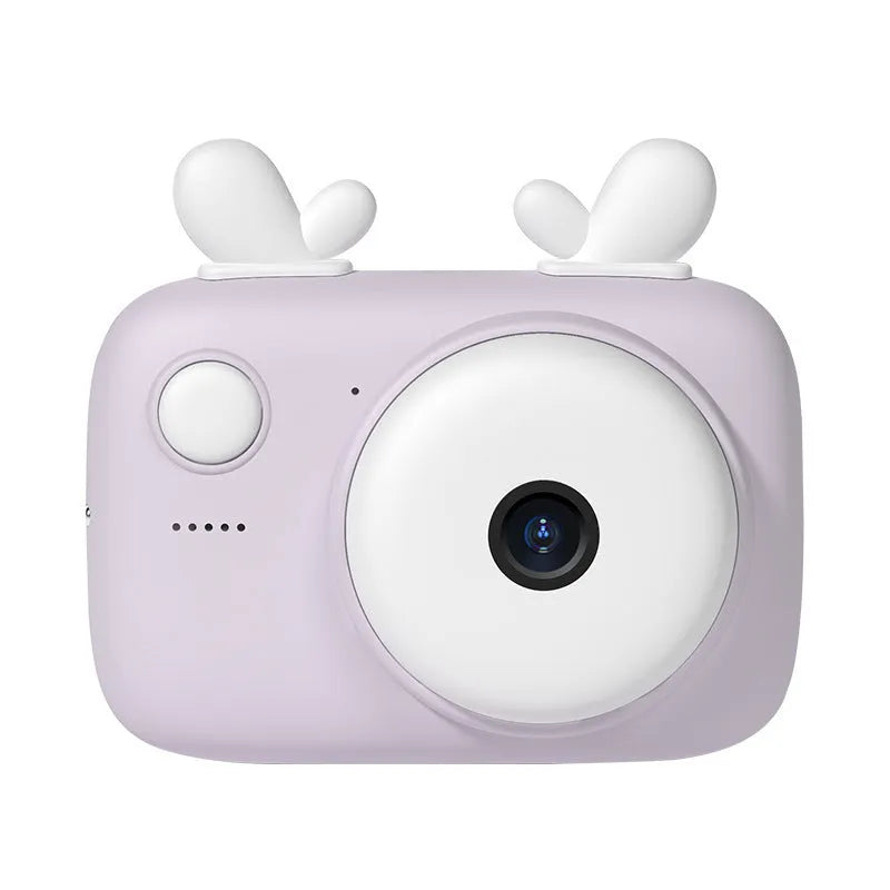 A2 Macaron shaped kids digital camera with colour options, showing front and rear cameras and a 2.4 inch screen.