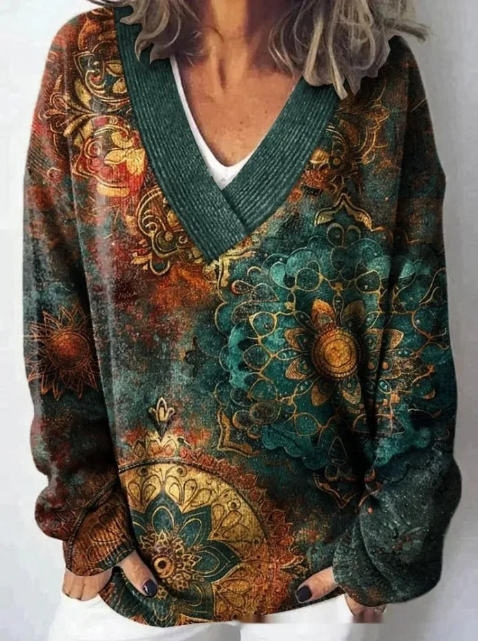 Women's V-neck sweatshirt with 3D floral pattern print in wool woven fabric