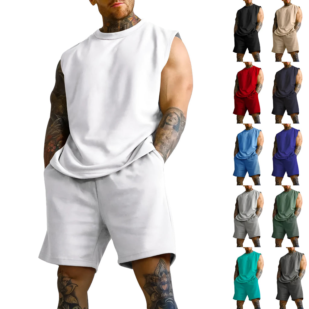 Men's sleeveless cotton blend sports top and matching shorts set in a solid colour.