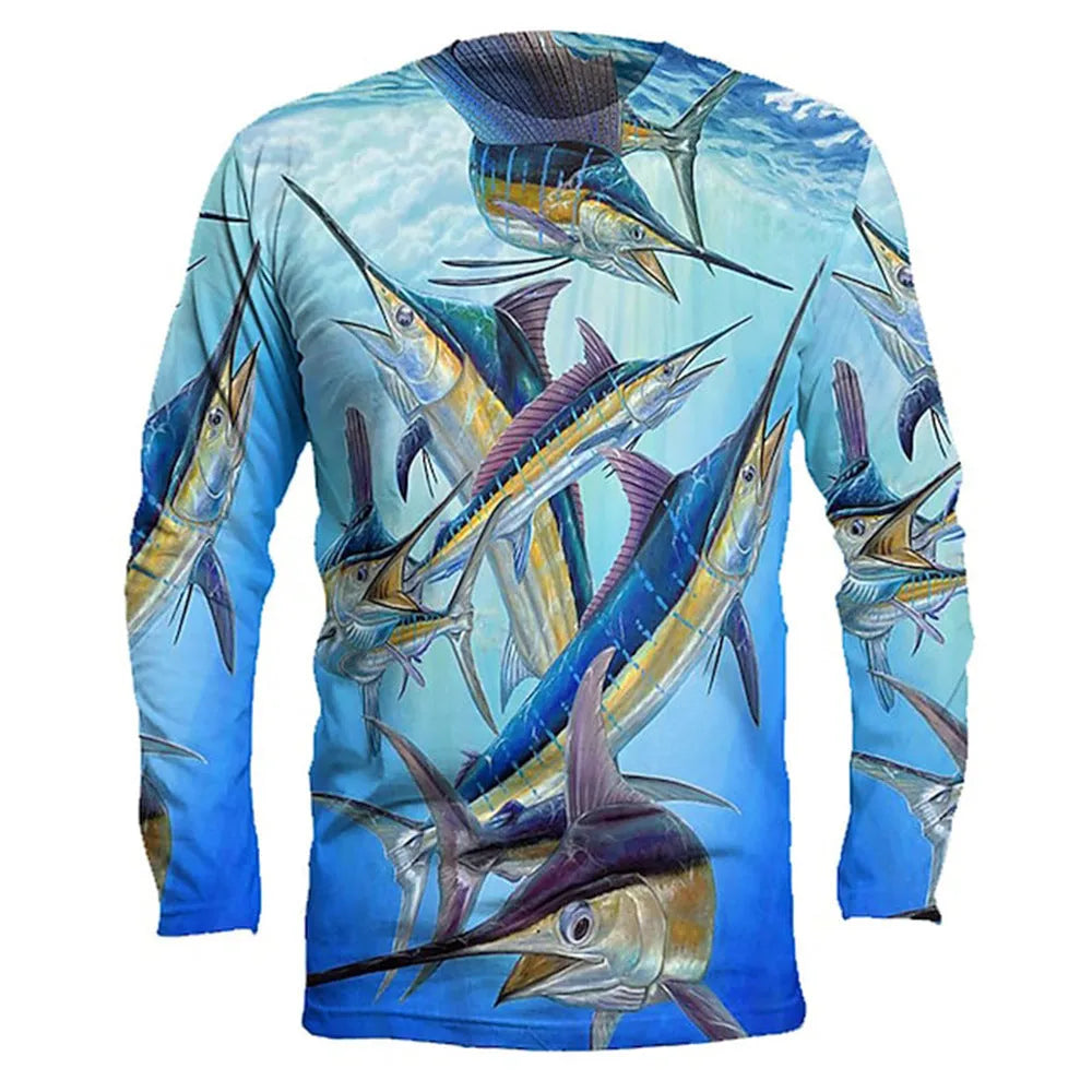 Men's grey pullover with a printed fish design on the chest, long sleeves, and a round neck.