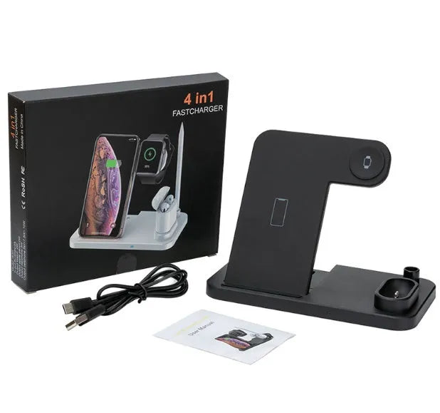 Black 4-in-1 wireless charging station with iPhone, Apple Watch, and AirPods charging simultaneously on an adjustable stand.