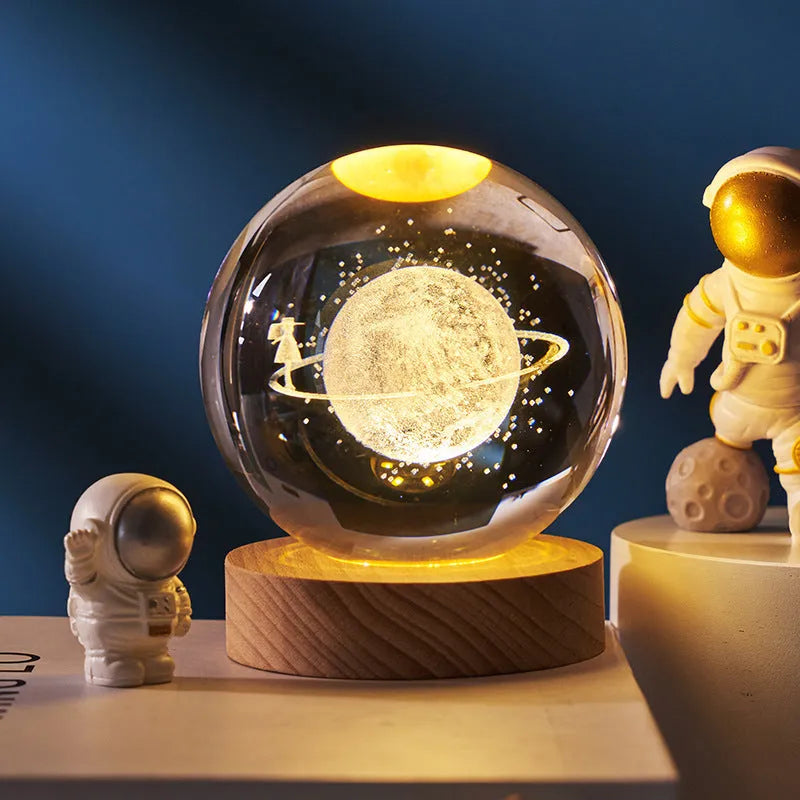 8cm white crystal ball night lamp with inner carving on a rechargeable luminous base