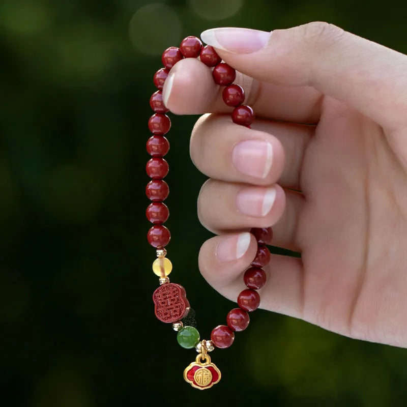 New Chinese style fu character cinnabar bracelet with emperor sandstone beads
